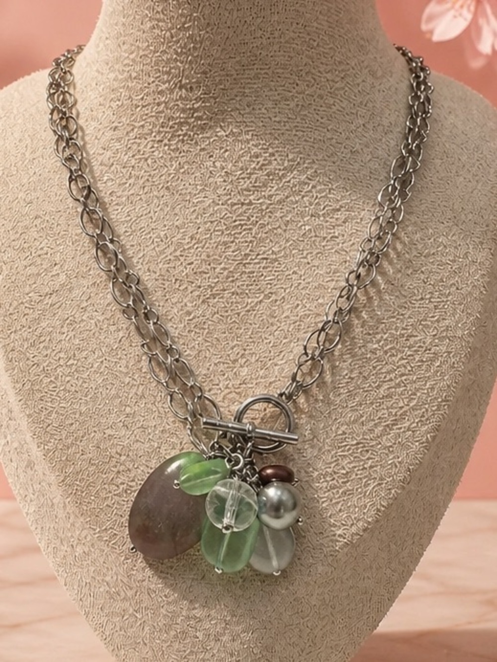 LIA SOPHIA Chain Necklace with shell Green and Earth Tone Bead Charms